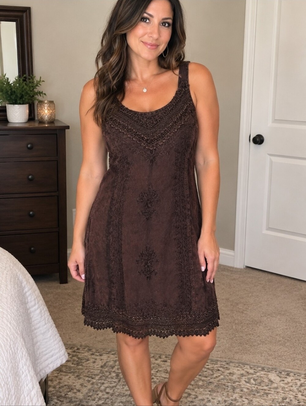 Advance Apparels Brown Sleeveless Scoop Neck Shift Dress Smocked Embroidered S/M